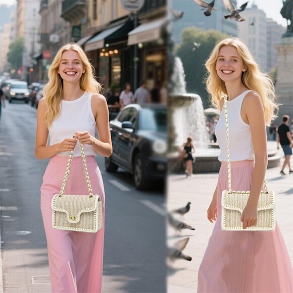 Straw Crossbody Bag Women Pearl Summer Beach Purse Elegant Boho Woven main image 7